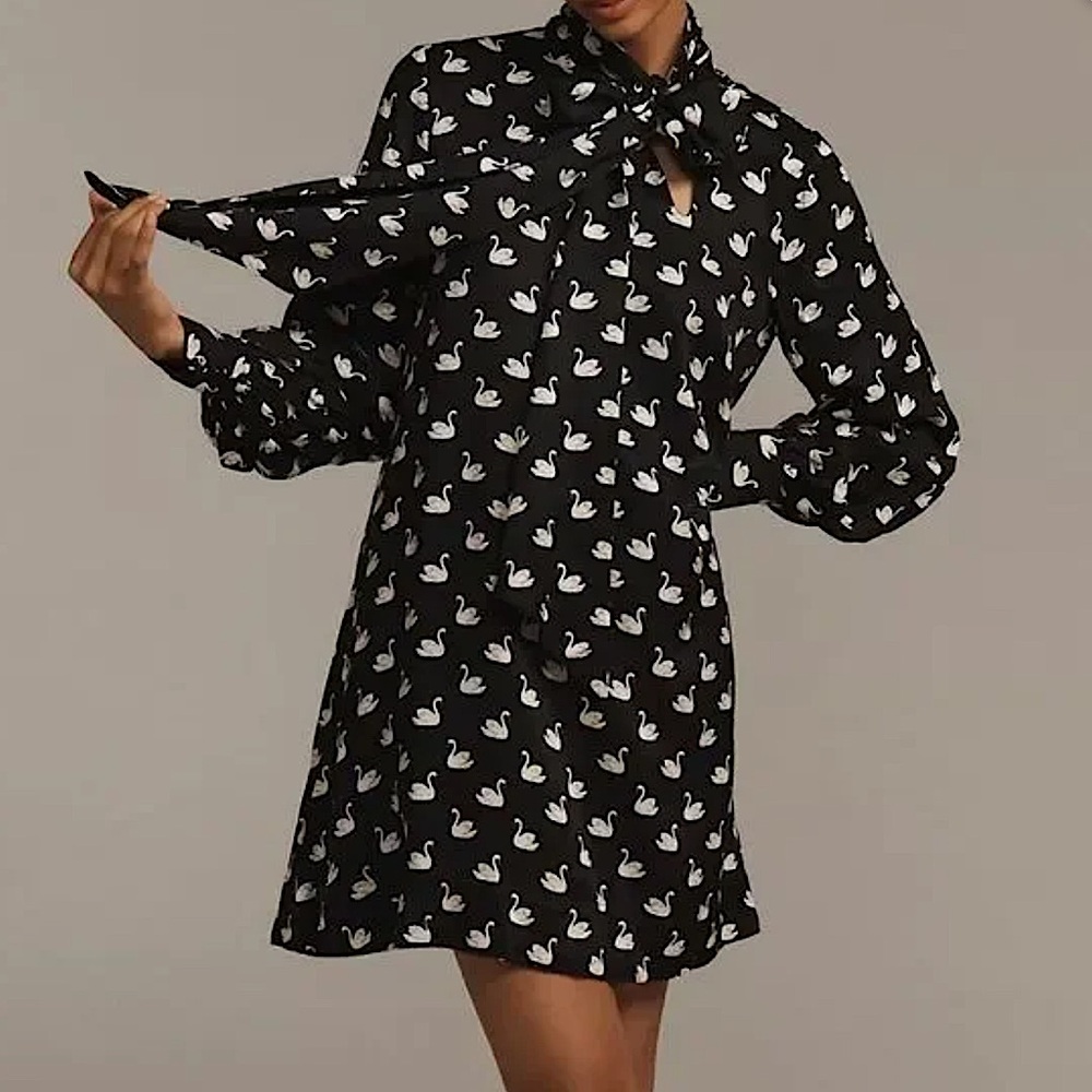 🦢Anthropologie Caroline Tie Neck Mini Dress New Black Medium Swan Novelty